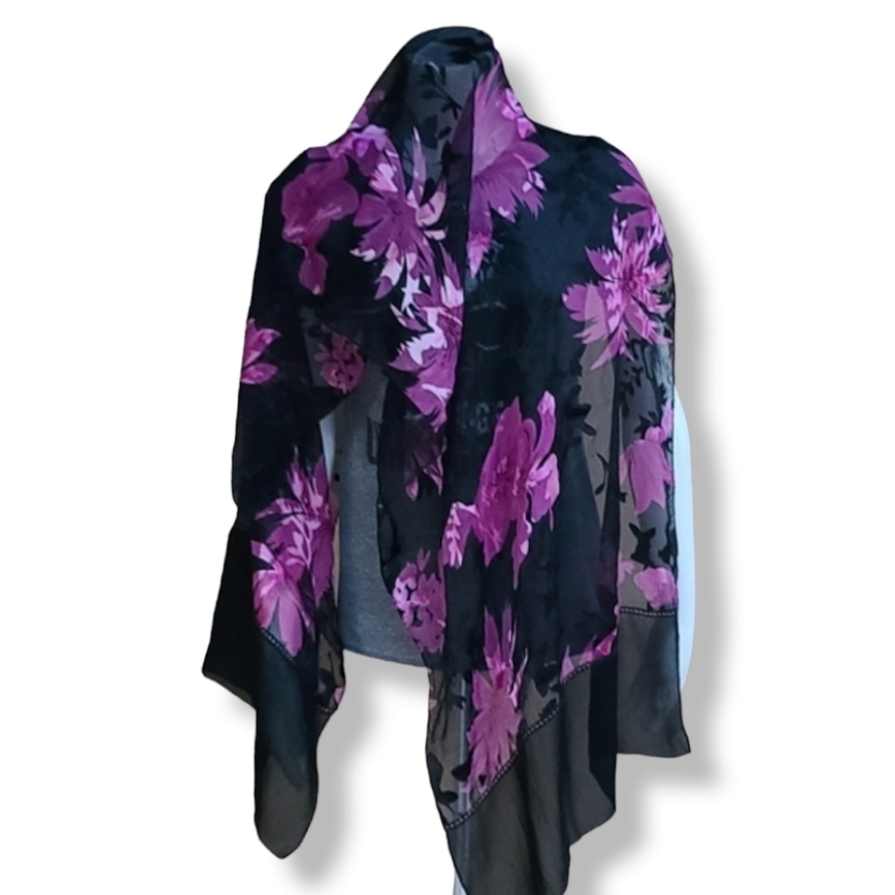 EGYPT Black Purple Floral Rectangular Scarf Semi Sheer Burnout Wrap Shayla Hijab - Picture 11 of 16